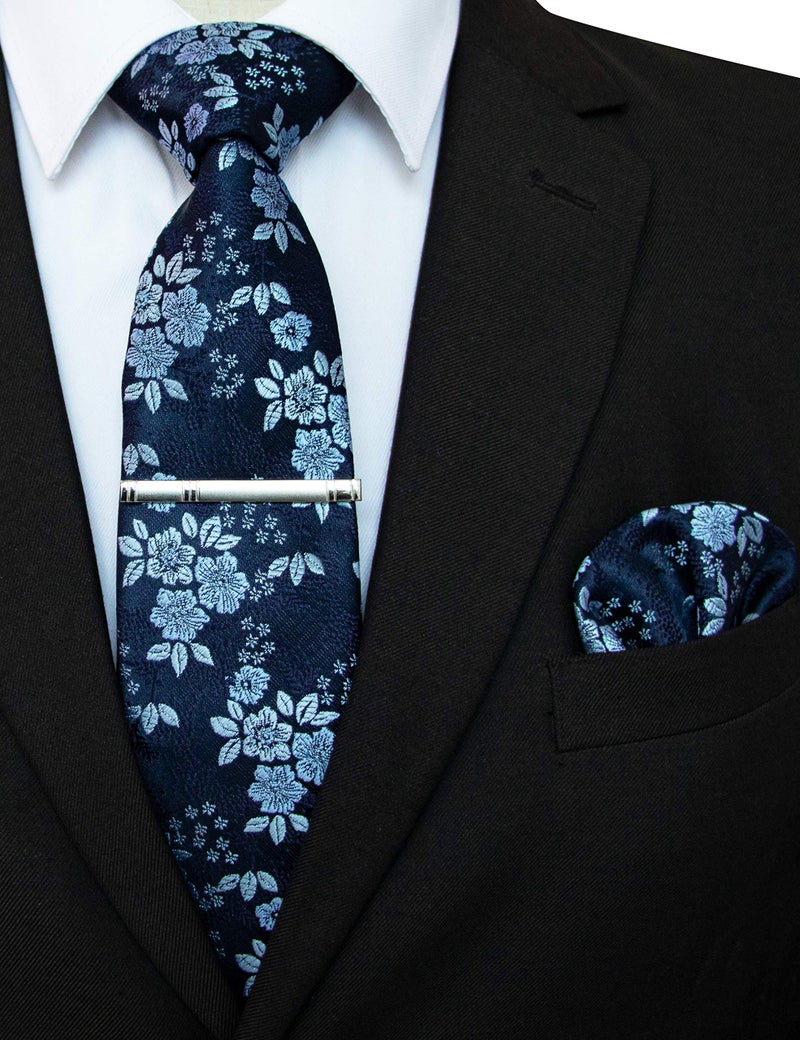 JEMYGINS Floral Navy Necktie and Pocket Square Tie Clip Sets for Men (25) - Image 2
